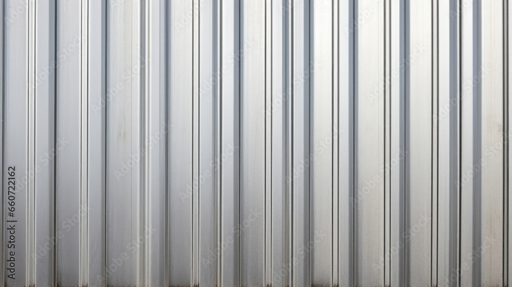 Obraz premium Closeup of corrugated metal siding with a brushed silver finish, creating a reflective and shiny surface. The ridges are less pronounced, giving the material a softer and warmer feel.