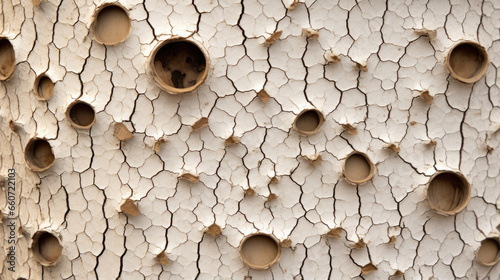 Closeup of a sycamore tree bark with multiple tiny holes made by a woods sharp beak. The holes are closely grouped together and form a distinct pattern on the bark. photo