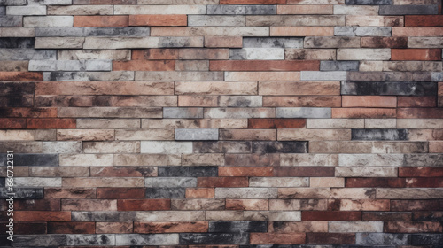 Closeup of a textured brick surface, featuring a range of warm and cool tones, as well as a variety of textures and patterns, adding visual interest and depth to the aged facade.