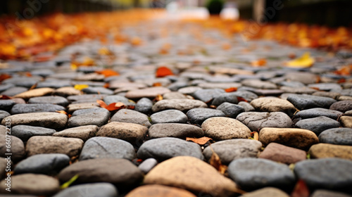 Closeup of a cobblestone street in autumn, showcasing a mix of warm brown and orange hues in the stones.