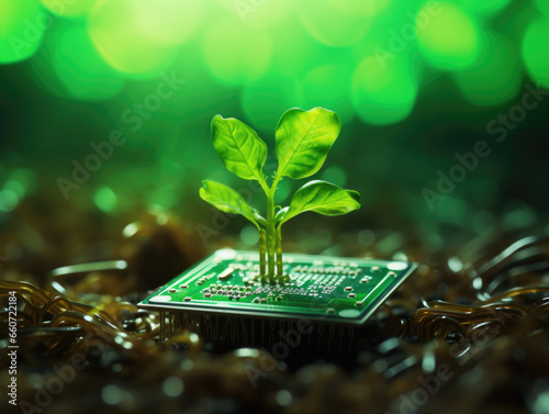 Tree growing on a computer circuit board. Green computing, Green technology, Green IT, CSR, and IT ethics. Concept of green technology. Environment green technology