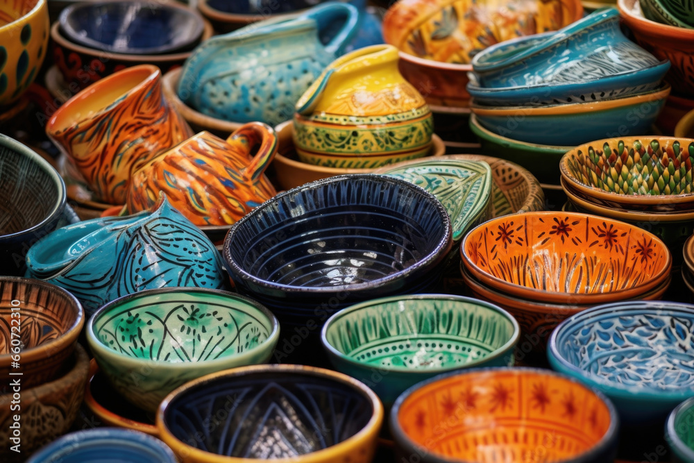 Fototapeta premium Closeup of a vibrant market stall texture featuring rows of handmade pottery in various sizes and shapes. The pottery is decorated with intricate designs in vibrant shades of greens, blues,