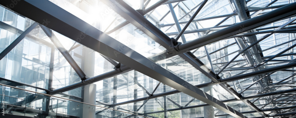 Closeup of a modern glass atrium captures the intricate network of steel frame supports, adding a touch of industrial sophistication to the overall texture.