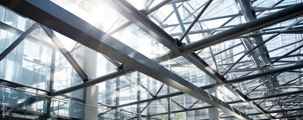 Closeup of a modern glass atrium captures the intricate network of steel frame supports, adding a touch of industrial sophistication to the overall texture. Closeup of a modern glass atrium captures the intricate network of steel frame supports, adding a touch of industrial sophistication to the overall texture.