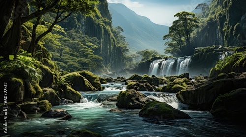 mountain with waterfall in tropical forest