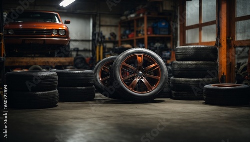 Fotografering Garage background. Car tire set in private garage.. Ai Generated