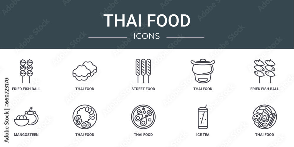 set of 10 outline web thai food icons such as fried fish ball, thai ...