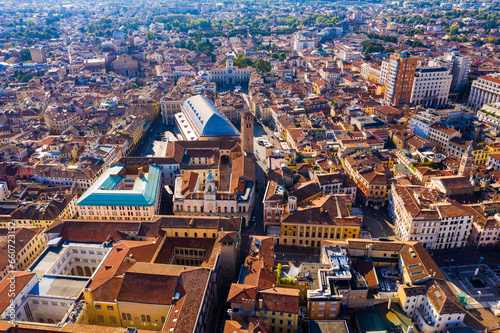 Aerial view of historical center of Italian city of Padua with blue roof of Palazzo della Ragione on sunny day