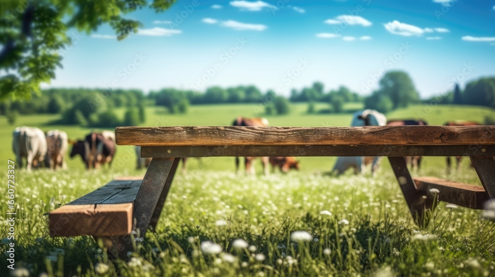 old wooden table with green meadow and blue sky, cows, bright background