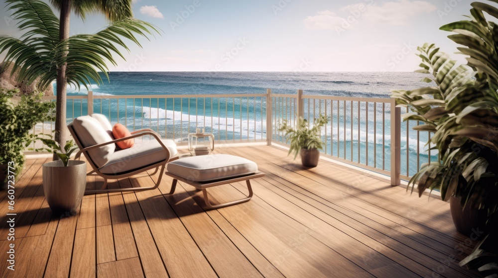 Outdoor beach villa balcony deck, with natural beach views