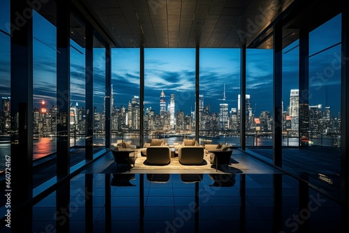 Night view of Manhattan's skyline and skyscrapers from an empty high-rise interior at Hudson Yards. Captures the opulence of real estate. Generative AI