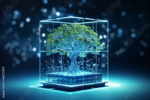 A cube grows a tree in a convergence of technology and nature. Blue lighting, wireframe network background. CSR, green tech, computing. Generative AI
