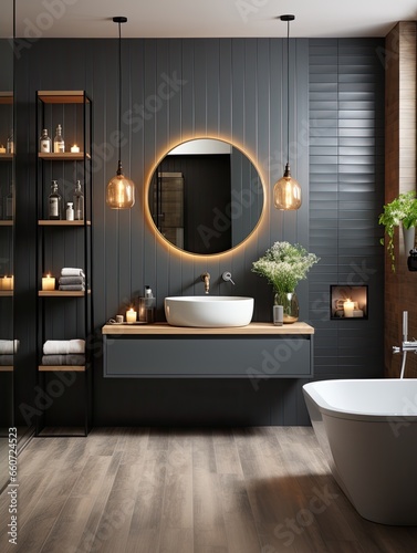 modern minimalist bathroom with washbasin  bathtub and round mirror in dark grey color