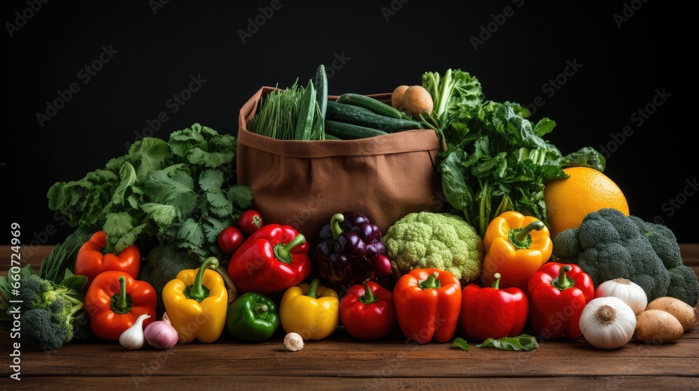 Paper bag filled with vegetables and fruits on a white background Paper bag filled with vegetables and fruits on a white background