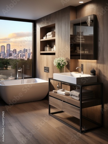modern minimalist bathroom with washbasin  bathtub and toilet bowl in brown color