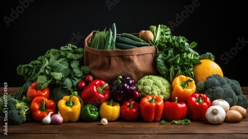 Paper bag filled with vegetables and fruits on a white background