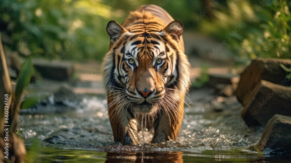 portrait of a tiger walking on a stream
