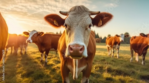 portrait of cows in the pasture at sunset