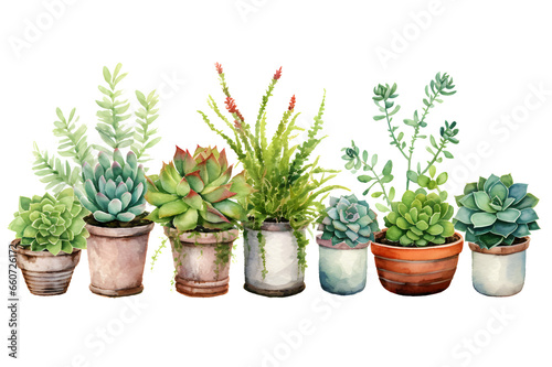 set of indoor succulents in pots in watercolor, drawing isolated on transparent background © Yuliia