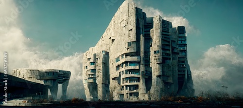 scifi brutalist architecture photorealistic epic scene dynamic composition asymmetrical cinematic insanely detailed 4k 8k retro futurisitc  photo