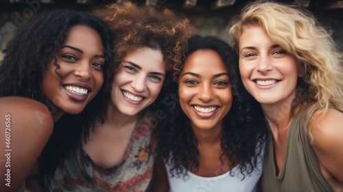 Multi-ethnic Women s Group with a Pleasant Smile  Caucasian  Mexican  Brazilian and African-American Women  Concept of Union