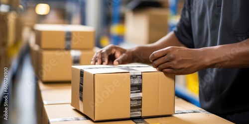 close up of a man's hands taping a cardboard box, generative AI