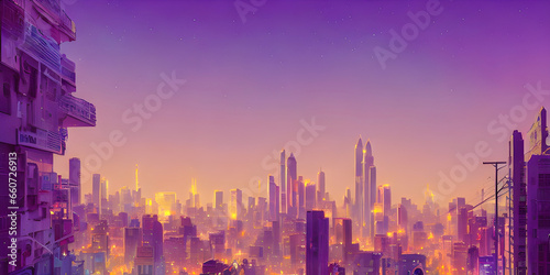 city skyline night lights dusk urban watercolor art nightlife skyscraper buildin Fototapeta