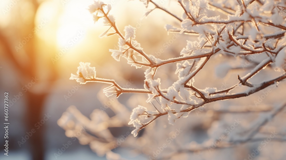 Icy Beauty: Close-Up of White Snow on Bare Tree Branches in a Frosty Winter Sunset - Nature's Cold Elegance