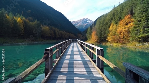 see the beauty of nature looking at the mountain lake in the background of the wooden bridge © MBRAMO