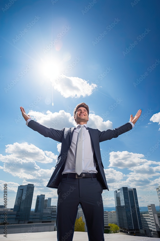 Succesful businessman with an open arm up in the sky, feels happy. Succesful businessman with an open arm up in the sky, feels happy.