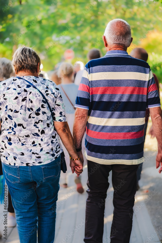 Naklejka premium senior couple hand in hand walking in the park. Happy active senior couple walking and holding hands outdoors