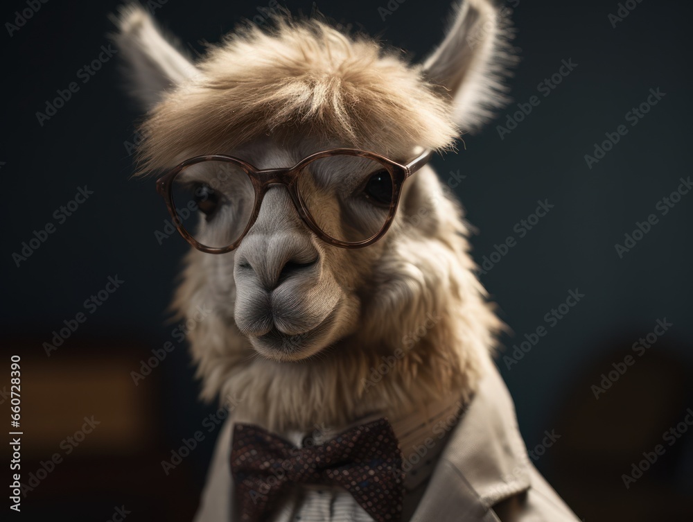 Fototapeta premium Alpaca dressed in a business suit and wearing glasses