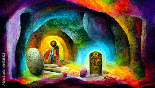 The tomb of Jesus with a massive stone rolled away fro mthe entrence Jesus is risen He has risen from the dead cosmic creation majestic scene intricate details images designed for an autistic child  photo