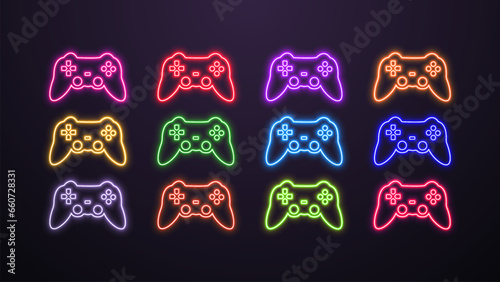 A set of neon joysticks for games and cyber sports in the colors white, blue, orange, yellow, red, purple, pink and green on a dark background.