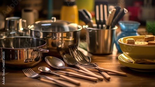 Stainless steel kitchen utensils and utensils on the kitchen table photo