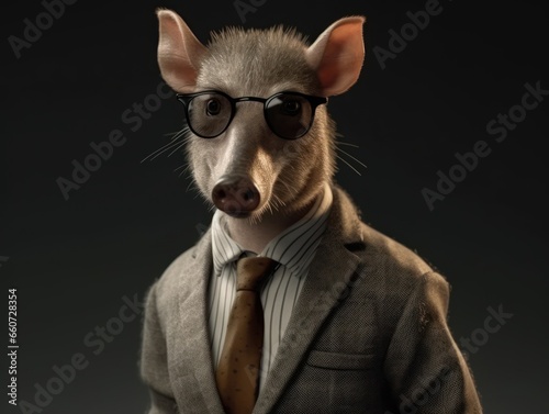Aardvark dressed in a business suit and wearing glasses