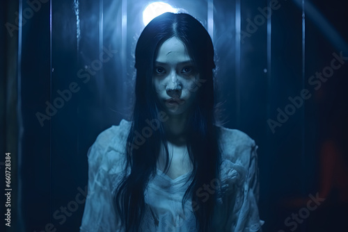 ortrait of asian woman make up ghost,Scary horror scene for background,Halloween festival concept,Ghost movies poster © anime