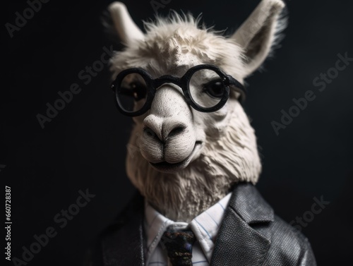 Alpaca dressed in a business suit and wearing glasses © Denis Darcraft