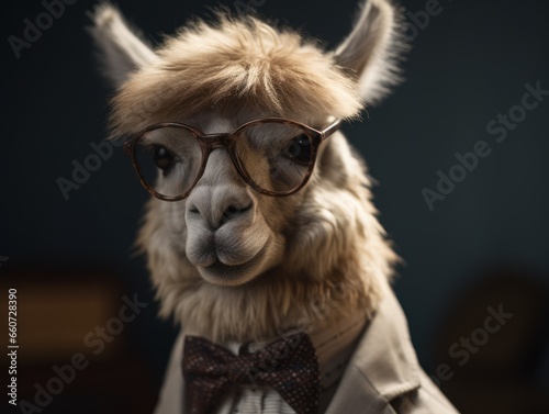 Alpaca dressed in a business suit and wearing glasses