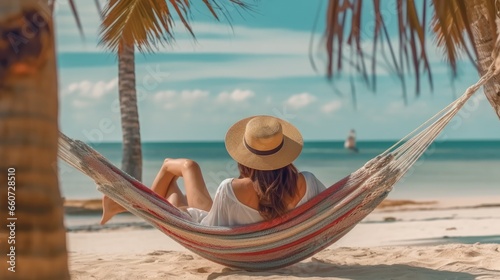 Summer vacation concept, asian woman in beach hat relaxing in hammock on beach palm tree photo