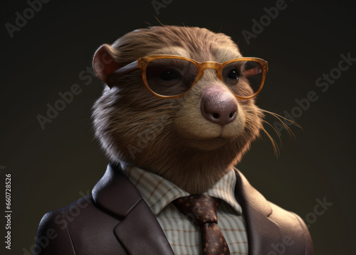 Beaver dressed in a business suit and wearing glasses