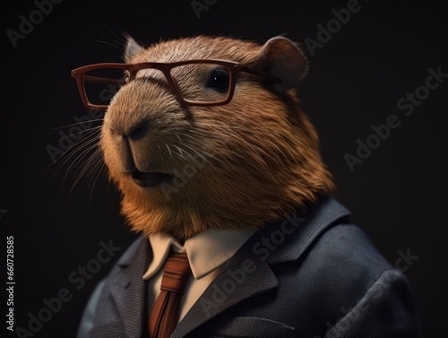 Capybara dressed in a business suit and wearing glasses