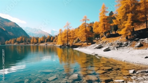 Sunny day in the Mountains. amazing view of the lake With autumn trees © MBRAMO