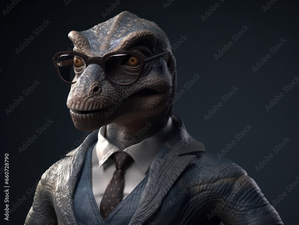 Dinosaur dressed in a business suit and wearing glasses