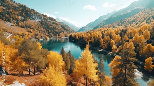 Sunny day in the Mountains. amazing view of the lake With autumn trees