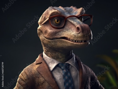 Dinosaur dressed in a business suit and wearing glasses