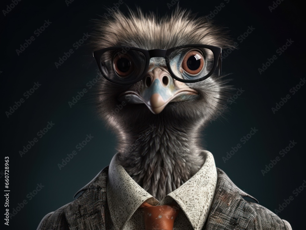 Emu dressed in a business suit and wearing glasses Emu dressed in a business suit and wearing glasses