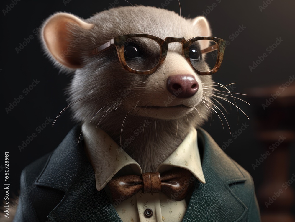 Ferret dressed in a business suit and wearing glasses