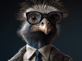 Emu dressed in a business suit and wearing glasses