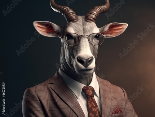 Eland dressed in a business suit and wearing glasses